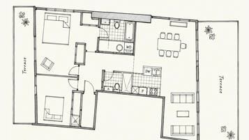 A floor plan of a hotel with a terrace, a kitchen, a dining area, and a WC.