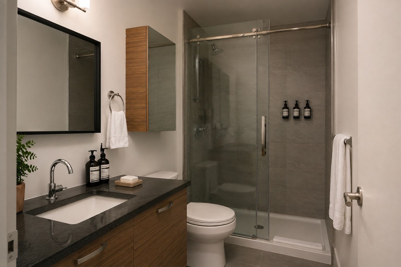 A modern bathroom with a glass-enclosed shower, a sink with a wooden vanity, and a toilet.