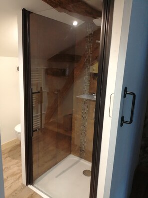 Douche, sèche-cheveux, serviettes fournies, papier toilette