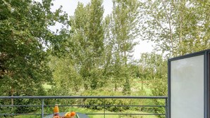 A balcony with a table set for breakfast, surrounded by greenery and trees. - Accessible Vineyard Stay for Four (Rivieres)