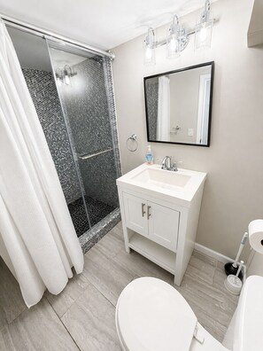 Baño con ducha, lavamanos, inodoro y espejo.
