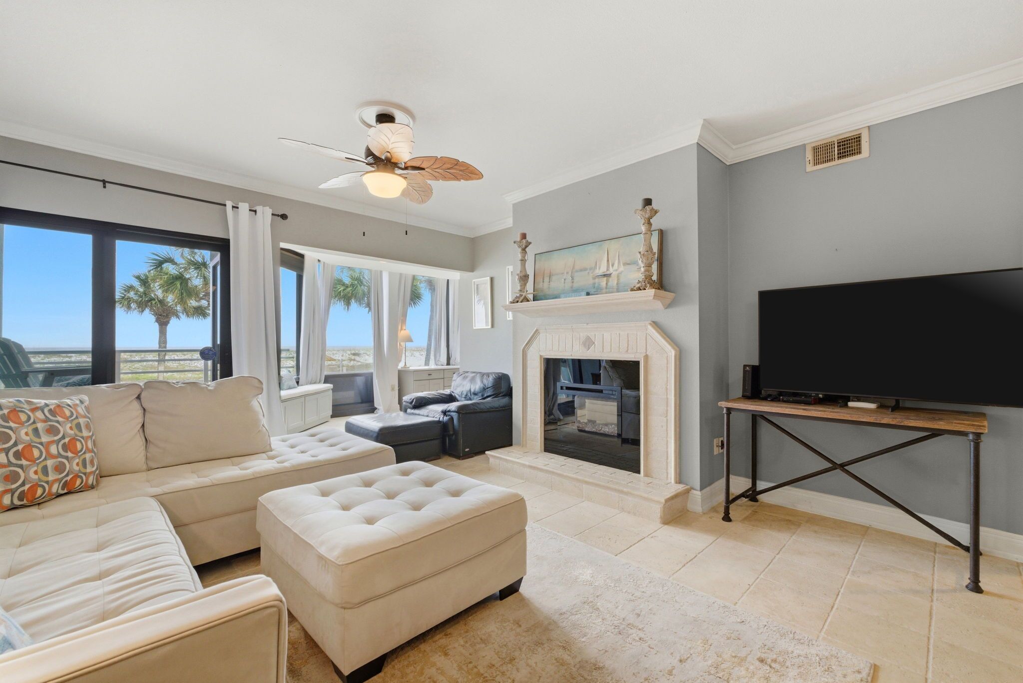 TV, fireplace, books