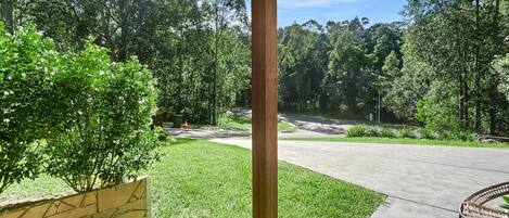 A paved pathway leading to a wooded area with a grassy lawn and a bench.