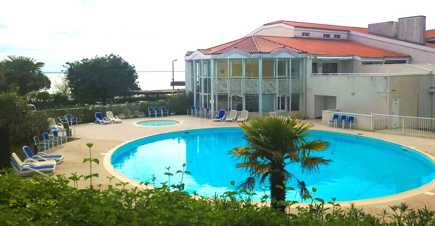 A swimming pool with lounge chairs, a palm tree, and a building with a red roof.