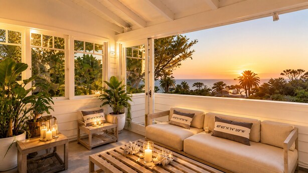 A cozy outdoor seating area with a sofa and chairs, surrounded by potted plants and candles, overlooking a sunset view. - Luxury Broad Beach Malibu spacious 3,400 sf retreat one block from the beach (Malibu)