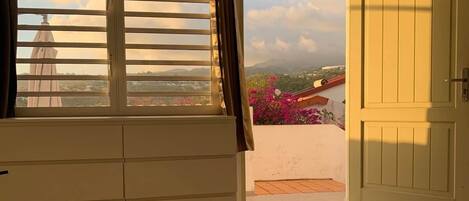 Ein Zimmer mit Fenster, einer Tür und Blick auf einen Balkon mit Blumen.