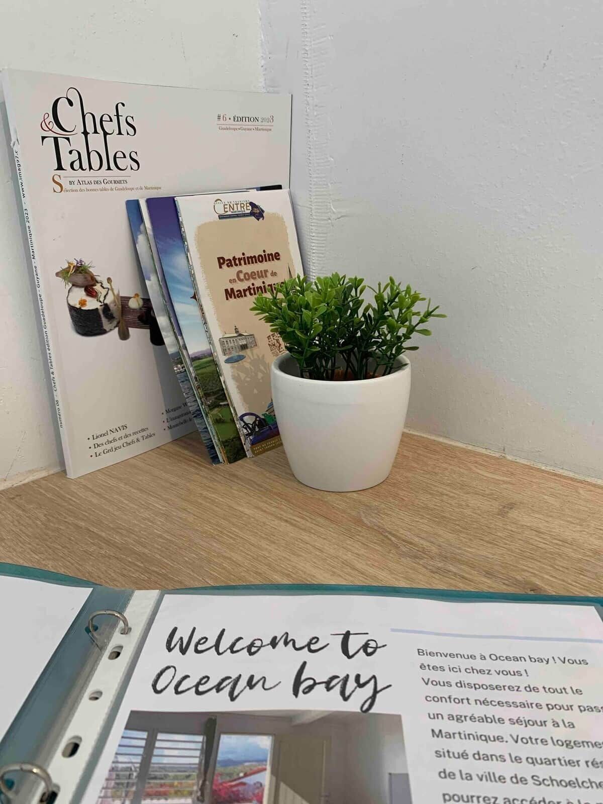 Un archivador con la etiqueta 'Welcome to Ocean Bay', una planta en maceta y dos libros titulados 'Chefs Tables' y 'Patrimoine en Coeur de Martinique'.