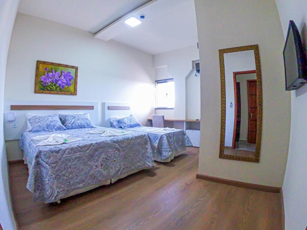 A bedroom with two beds, a painting of flowers, a mirror, and a TV on the wall.