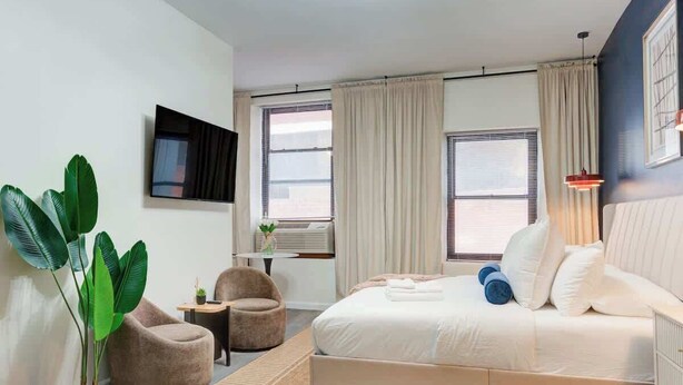 Une chambre moderne avec un lit, une chaise, un téléviseur et une grande plante.