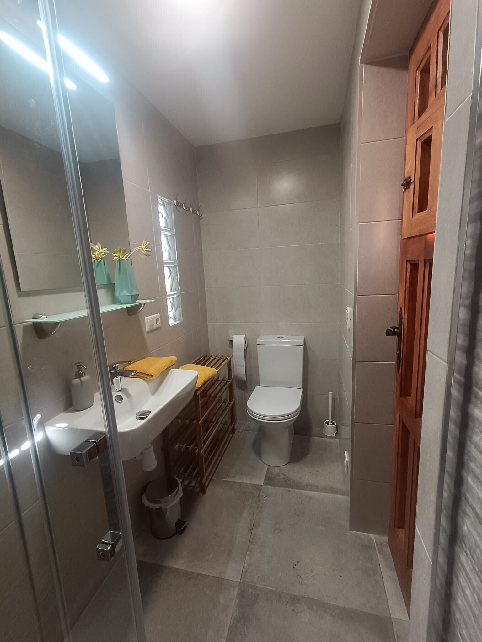 A bathroom with a glass shower enclosure, a sink, a toilet, and a mirror.