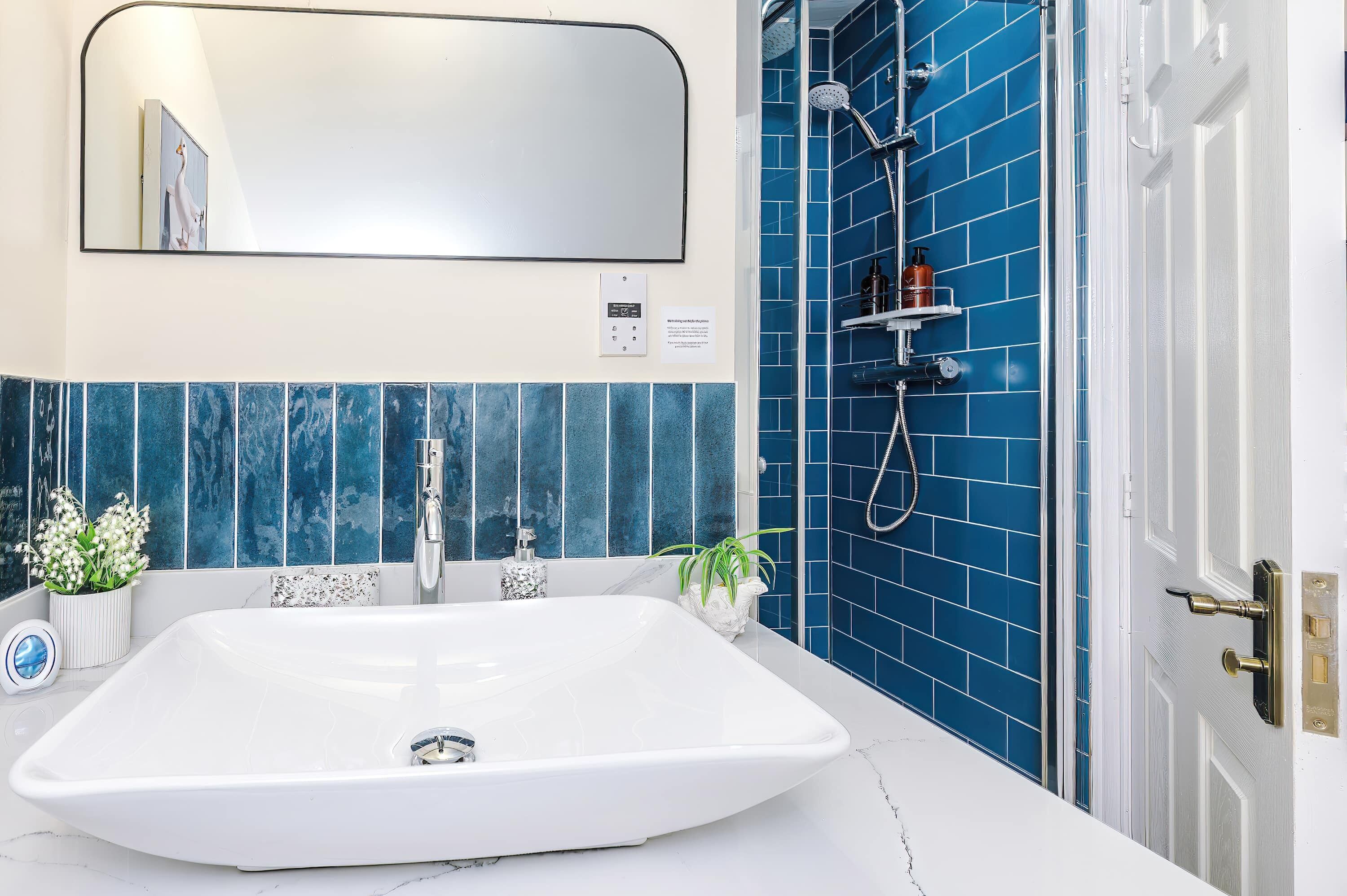 Shower, hair dryer, towels, shampoo