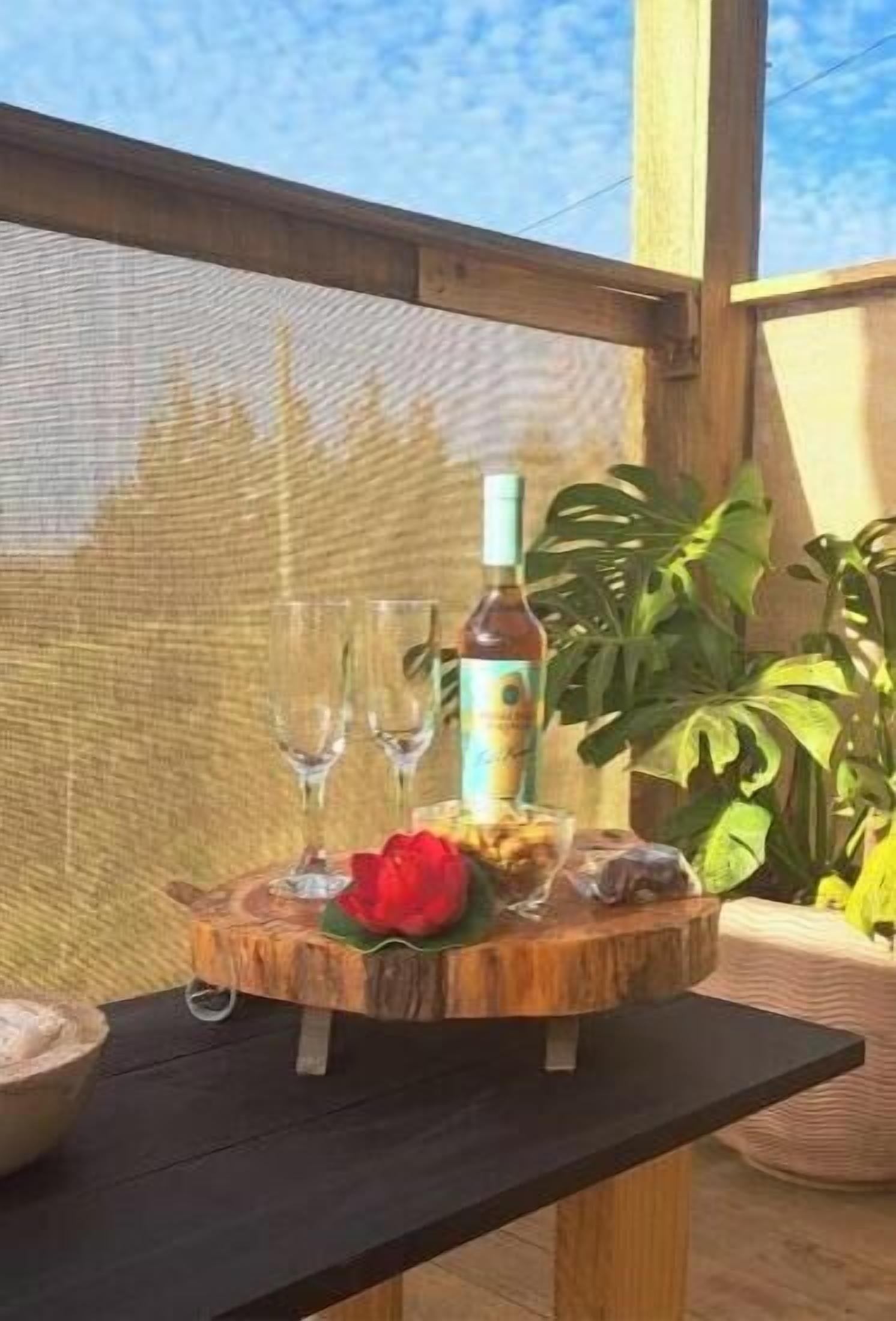Una mesa de madera con una botella y vasos, rodeada de plantas y una flor roja.