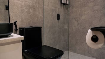 Ein modernes Badezimmer mit einer schwarzen Toilette, einer Duschkabine aus Glas und einem an der Wand befestigten Toilettenpapierhalter.