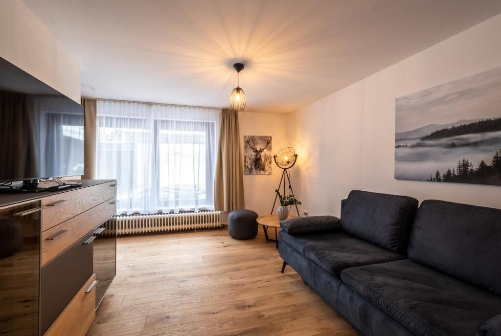 A modern living room with a sofa, a television, a wooden cabinet, a radiator, a window with curtains, and a wall-mounted picture.