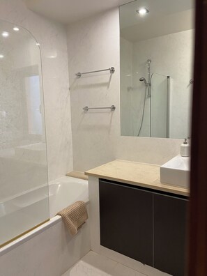 Hair dryer, bidet, towels, toilet paper