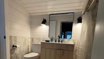 Chuveiro, secador de cabelo, toalhas de banho, shampoo