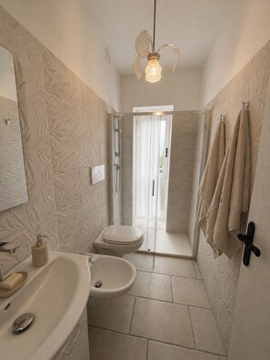 Regadera, bidet, toallas 