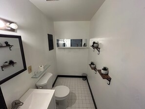 Een kleine badkamer met toilet, wastafel en spiegel. Er zijn planken met potplanten en een raam boven het toilet.