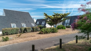 Zona residencial con casas modernas, una calle pavimentada y diversidad de árboles y arbustos.