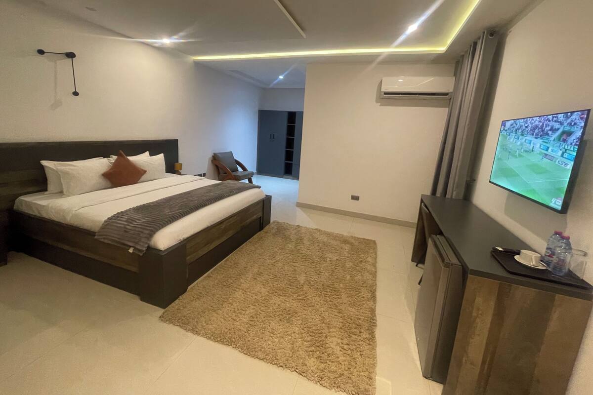 Un dormitorio moderno con una cama grande, un escritorio, un televisor y un equipo de aire acondicionado.
