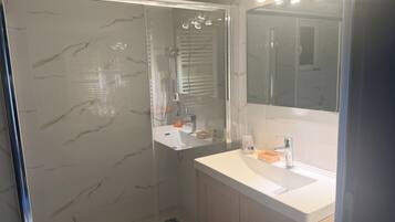 Shower, hair dryer, bidet, towels