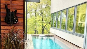 En modern inredning med en pool, en gitarr och en krukväxt.