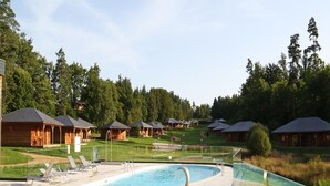 A pool area with lounge chairs, wooden cabins, and a clear view of the surrounding forest. - 6-person Wooden Chalet in Correze (Meyrignac-l'Eglise)