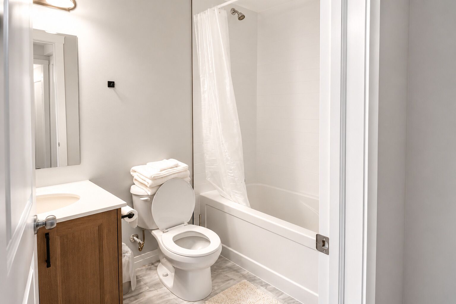 Regadera, toallas, jabón, papel de baño 