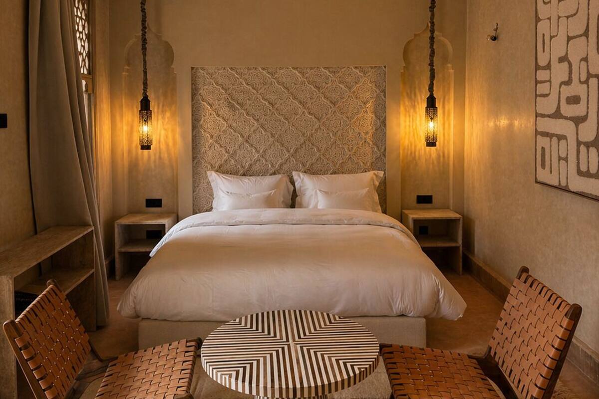 A spacious bedroom with a large bed, two nightstands, a round coffee table, and two chairs.
