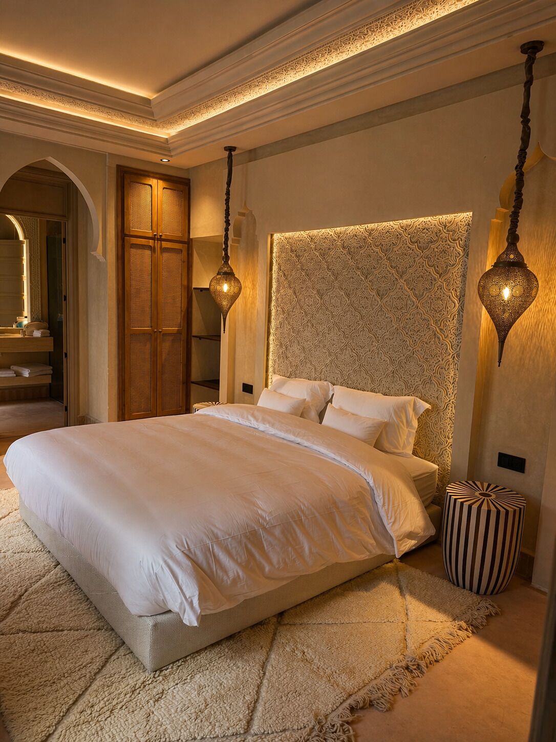 Ein Schlafzimmer mit einem großen Bett, einem Holzschrank und zwei Pendelleuchten.