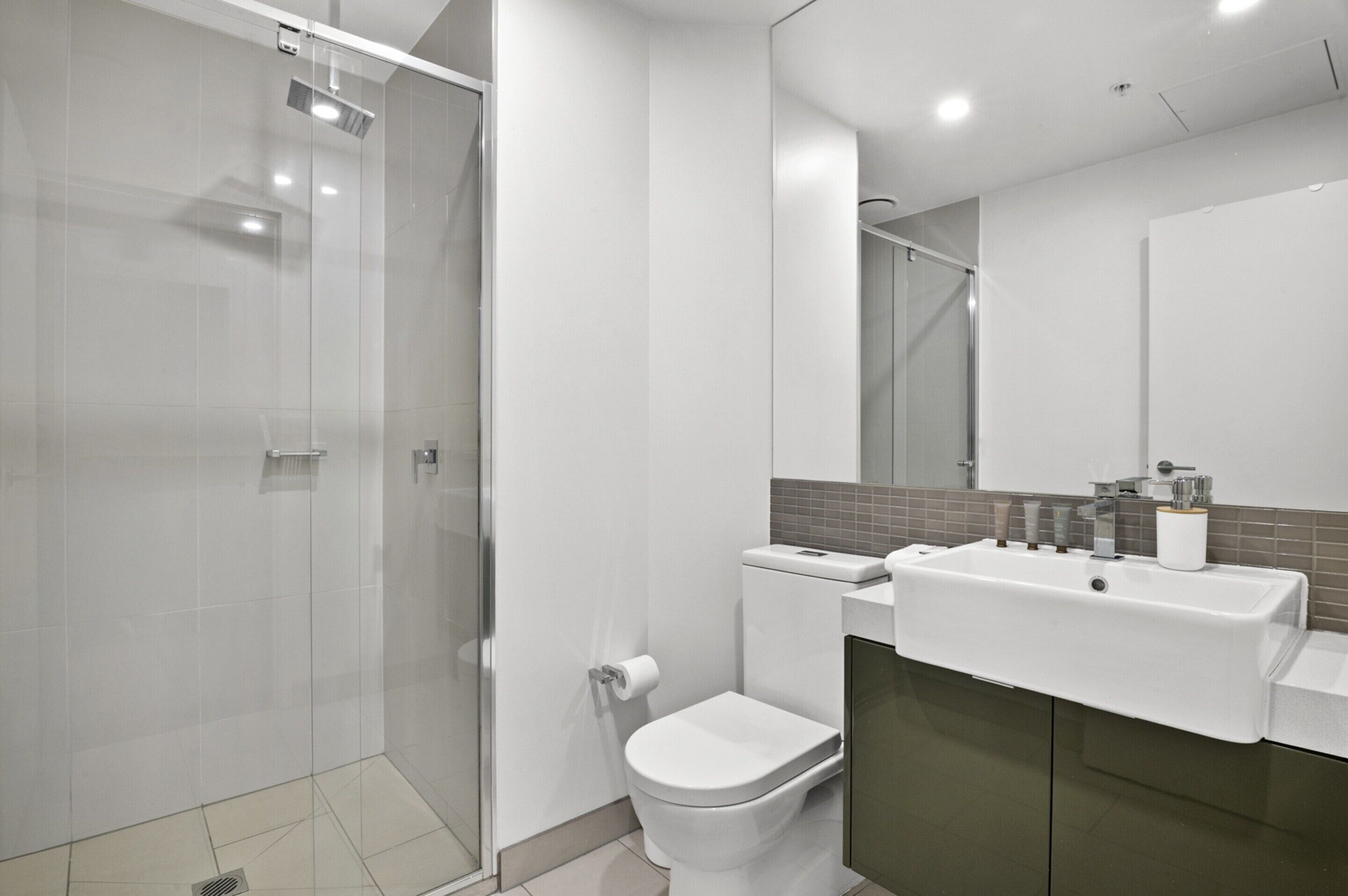 A modern bathroom with a glass shower enclosure, a toilet, a sink, and a mirror.