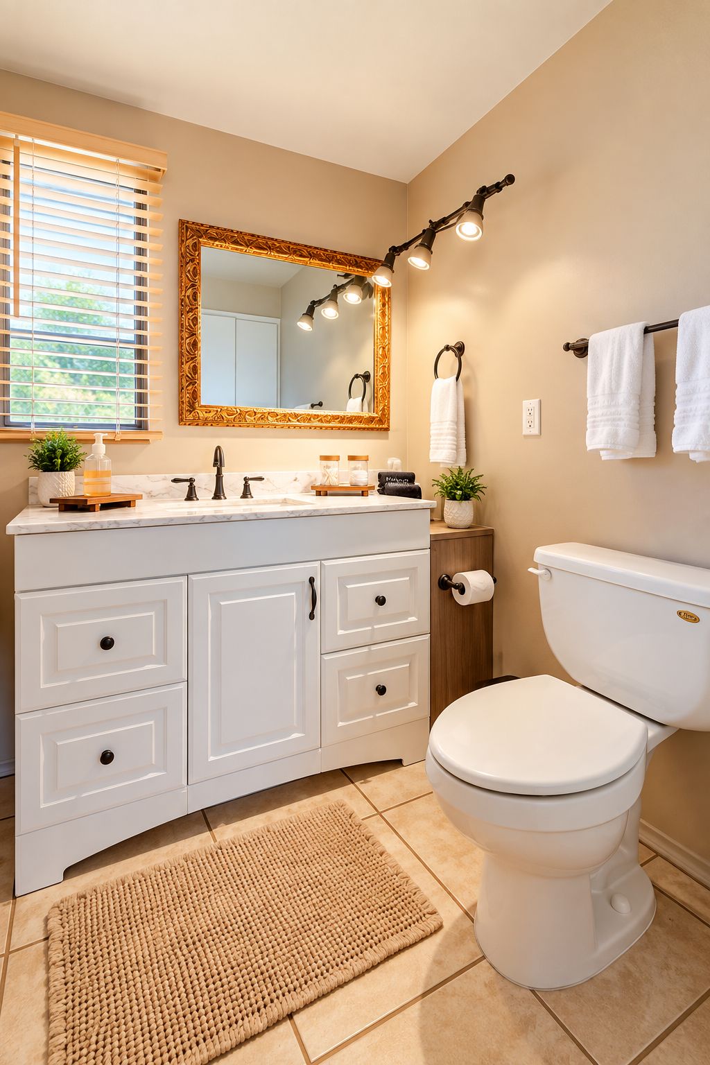 A bathroom with a white toilet, a vanity with a mirror, and a towel rack.