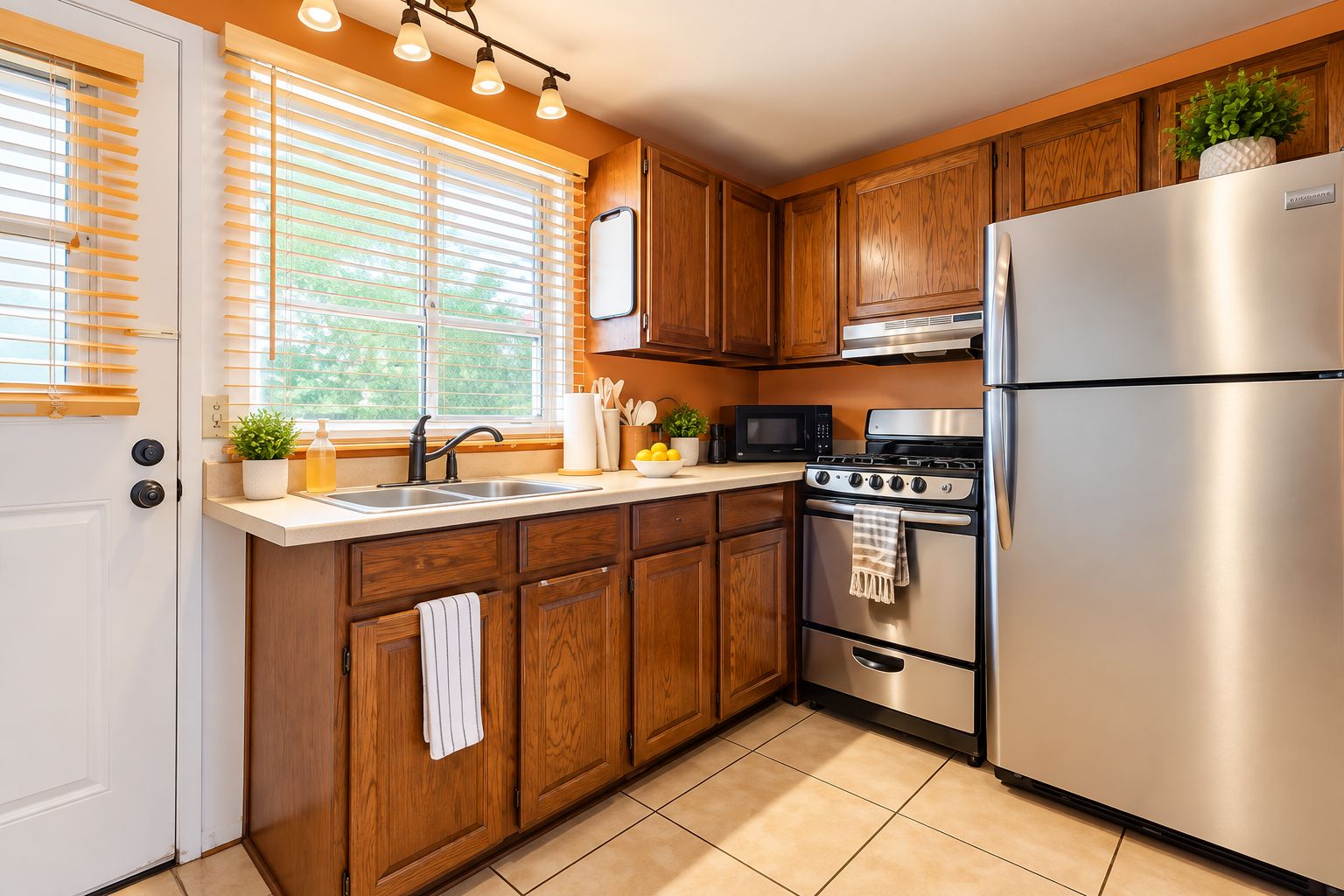 A kitchen with wooden cabinets, a stainless steel refrigerator, a stove, and a microwave.