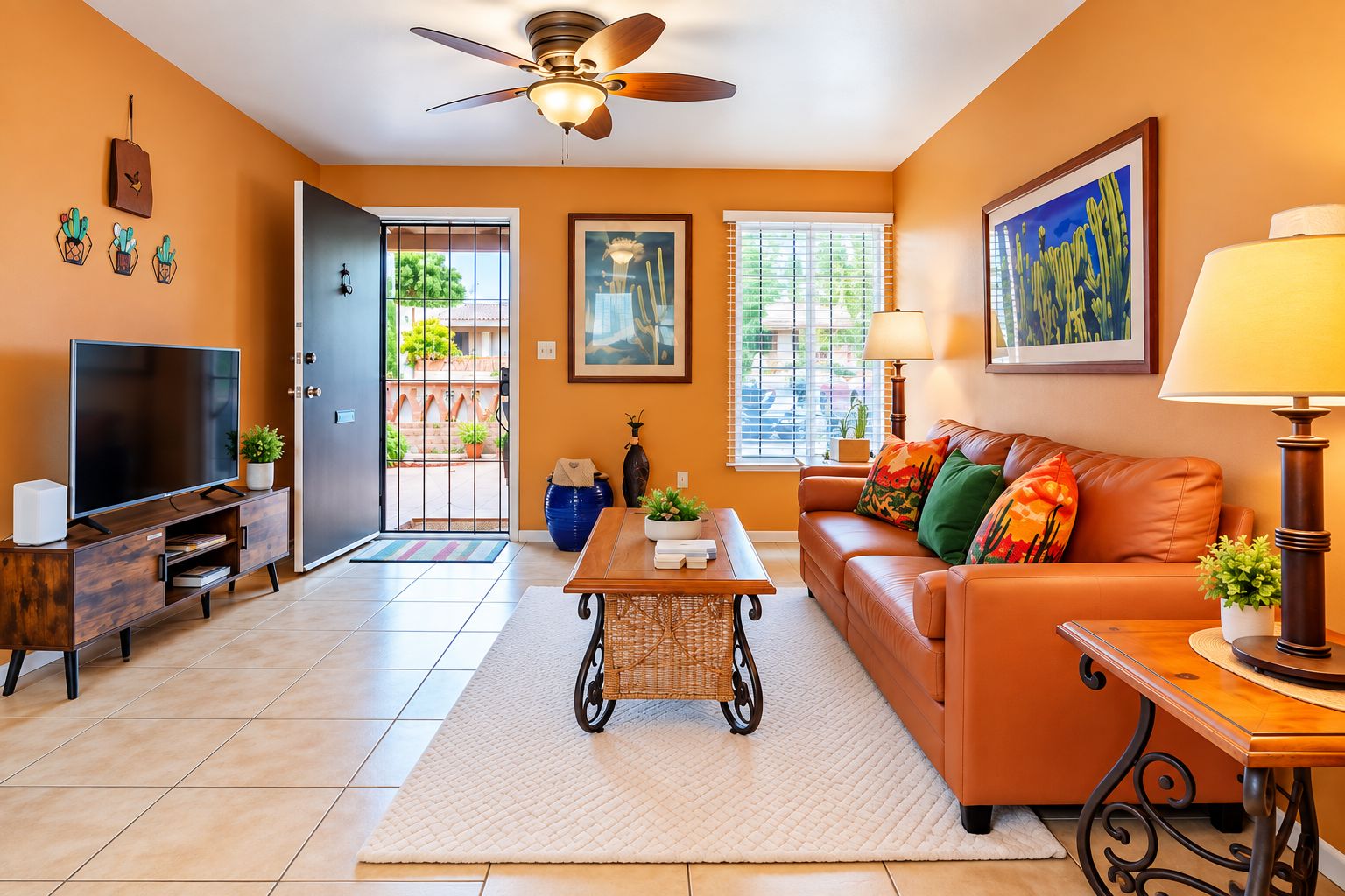 A living room with a television, sofa, coffee table, and a ceiling fan.