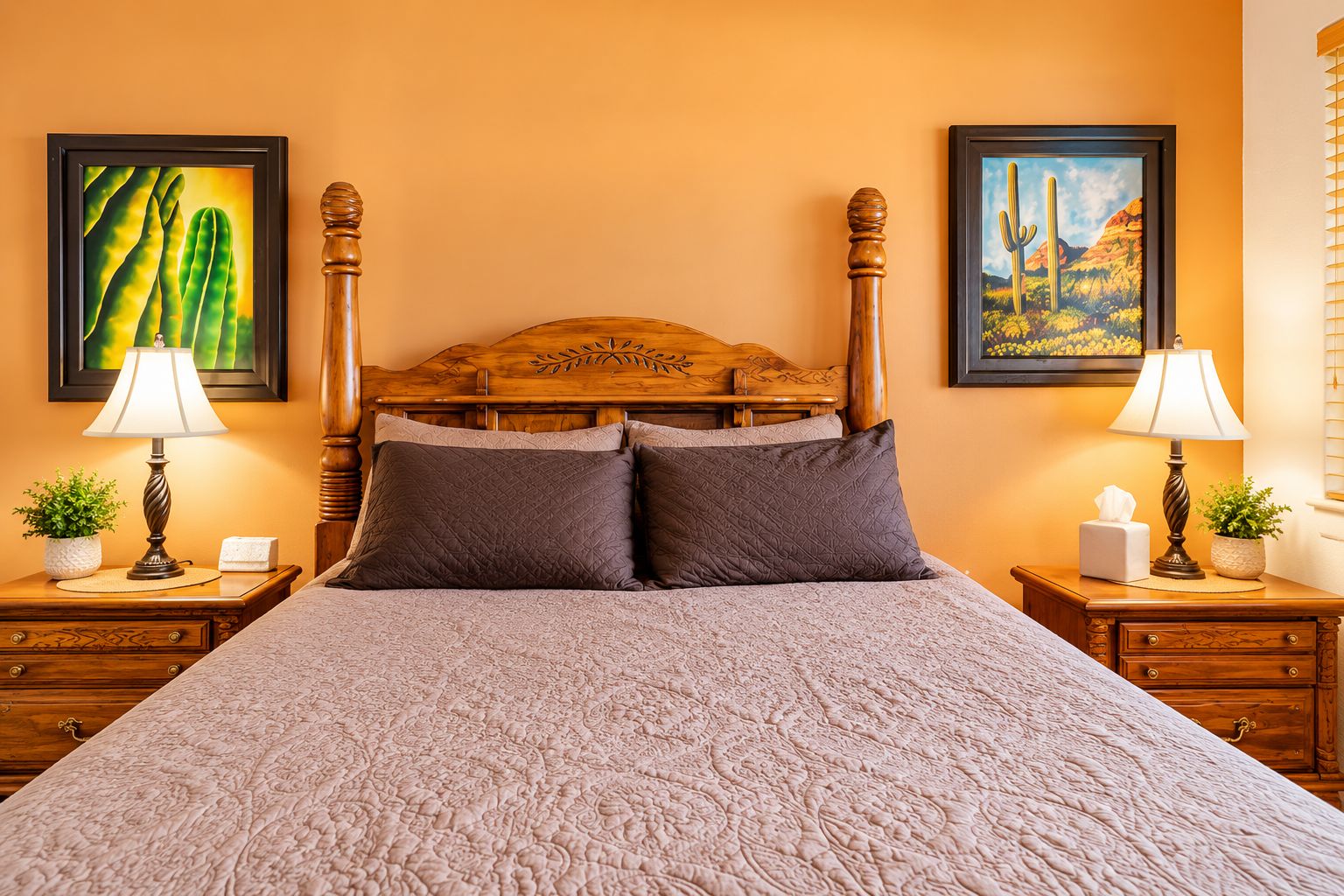 A neatly made bed with a wooden headboard, two bedside tables with lamps, and framed pictures on the walls.