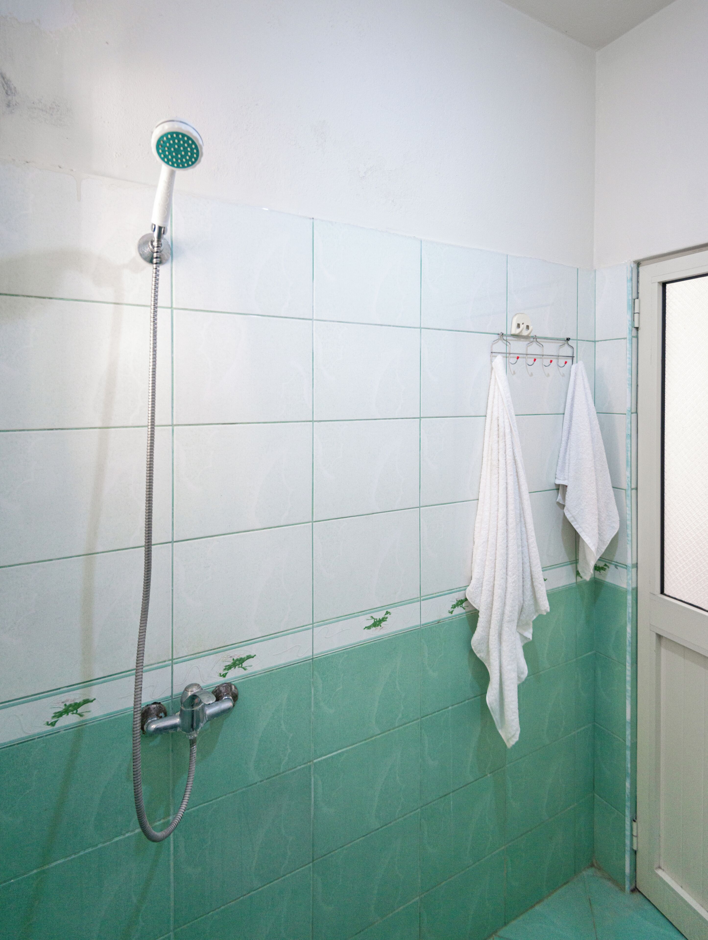 A bathroom with a shower, a towel rack with a towel, and a door.