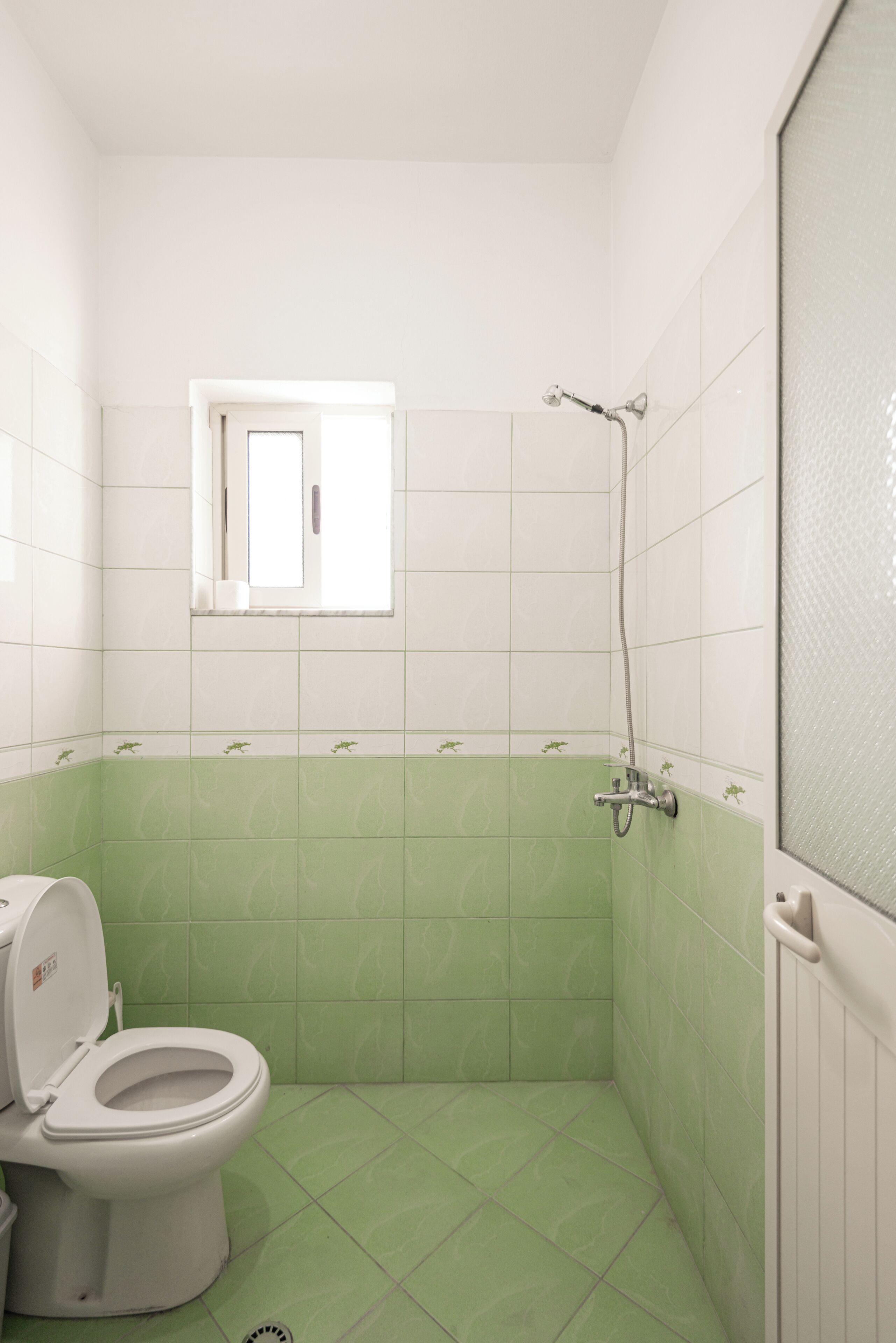A bathroom with a toilet, a shower, and a window.