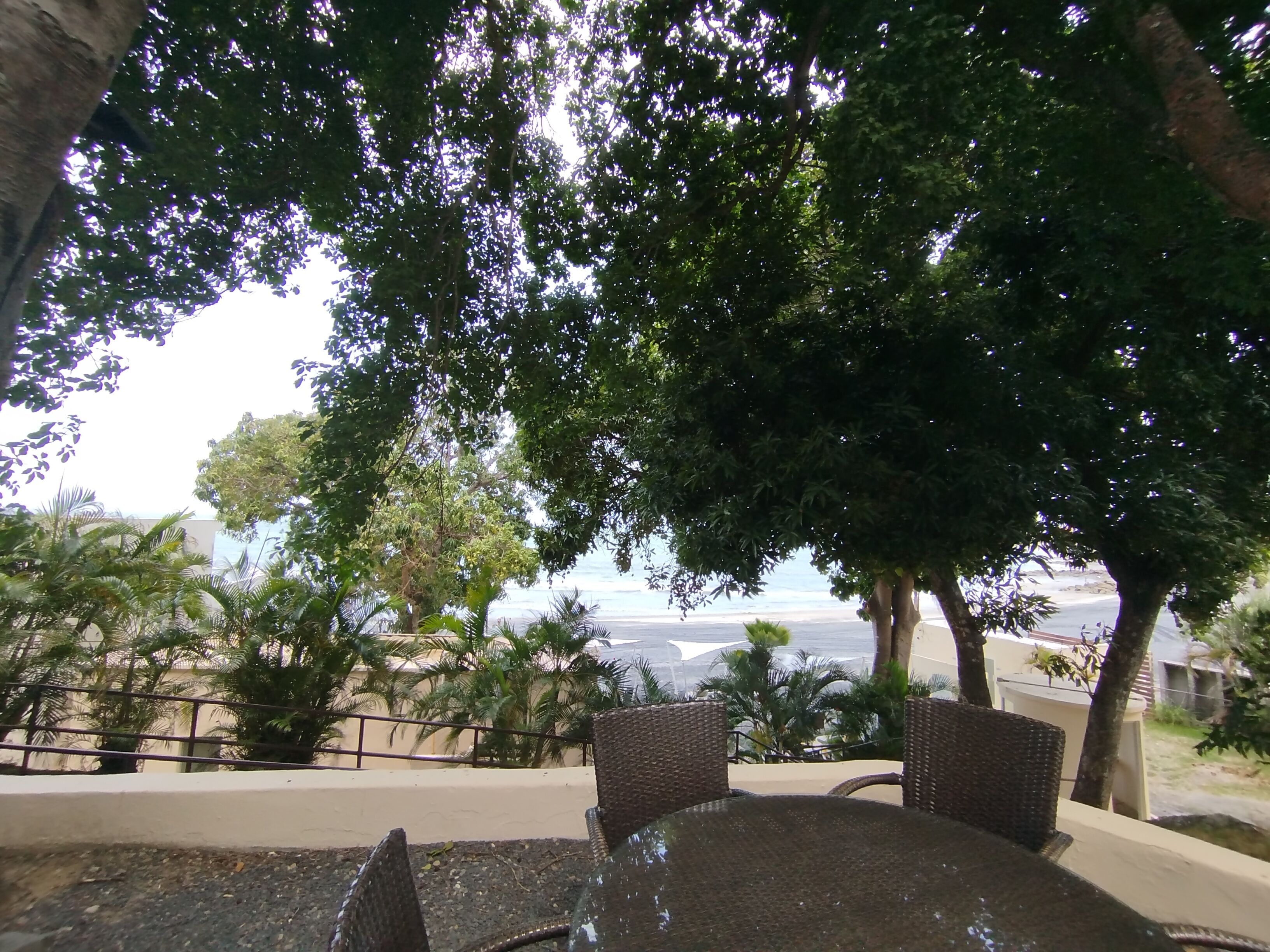 An outdoor seating area with wicker furniture, surrounded by trees and a view of the sea.