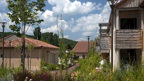 A residential area with houses, a garden with flowers, and a clear sky. - Stay in Les Eyzies With Pool (Les Eyzies)