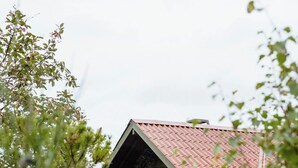 A small cabin with a sloped roof, a porch with a chair, and a window overlooking a grassy area. - Simple living right next to the sea (Græsted)