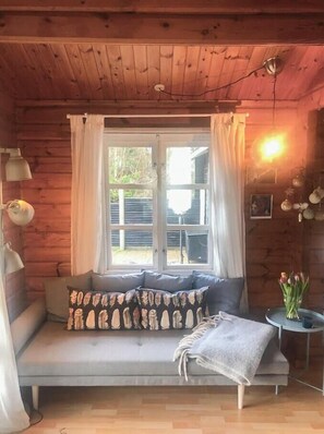 A cozy cabin interior with a wooden ceiling, a window with curtains, a sofa with patterned pillows, a small table with a vase, and a lamp. - Protected nature staying near beach through green (Sæby)