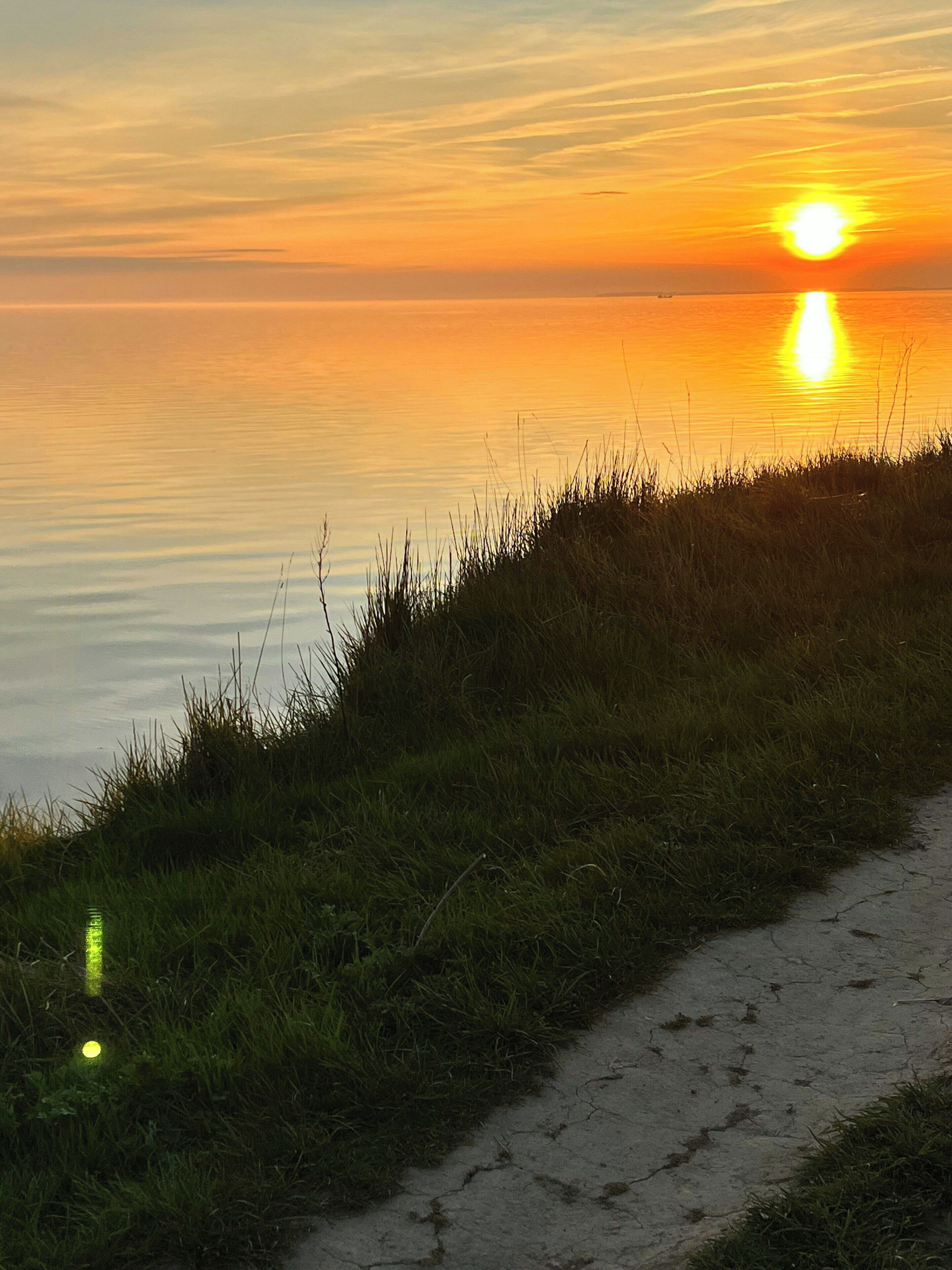 Ein Sonnenuntergang über ruhigem Wasser, mit einer Wiese und einem Weg.