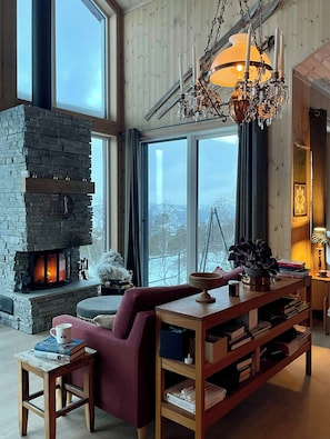TV, fireplace - Family cabin with views in Hillestad (Dølemo)