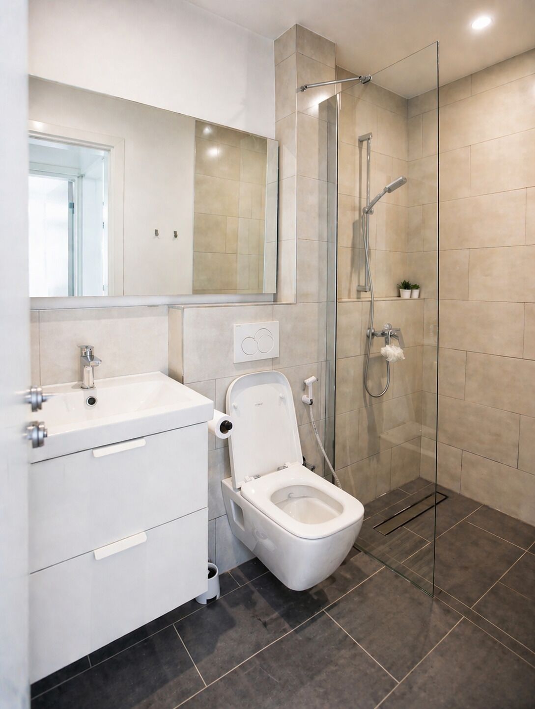 Douche, séchoir à cheveux, serviettes fournies, savon