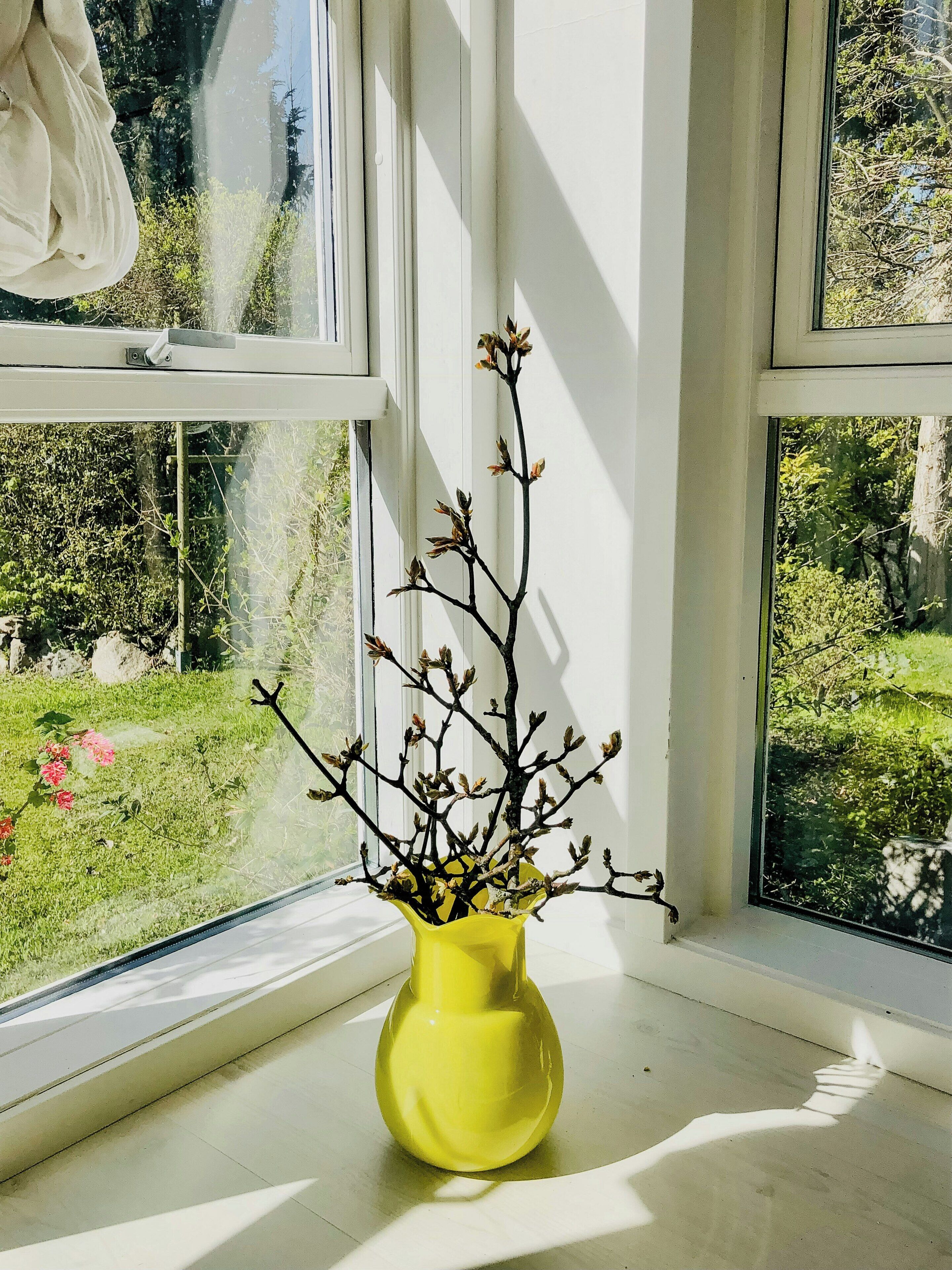 A yellow vase with a branch on a windowsill.