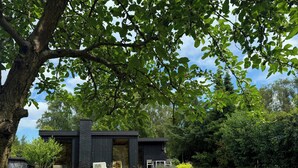 A modern house with a dark exterior, a chimney, and a large open front door. - 60s modernism by Rågeleje beach (Vejby)