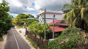 A quiet street lined with lush greenery and a two-story building with a red roof.