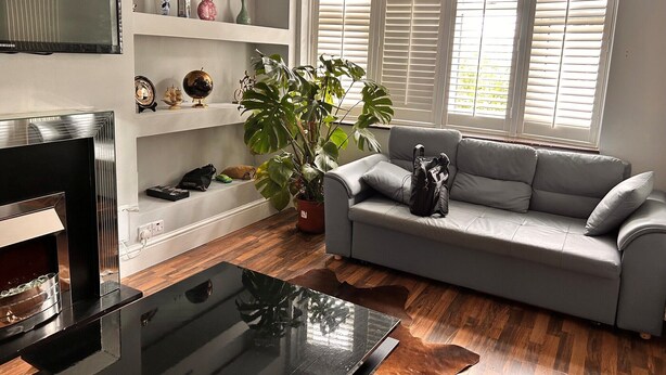 A living room with a grey sofa, a black glass coffee table, a TV, shelves with decorative items, and a large plant. - Baoyan Greenwich spacious 3 bedrooms house (London)