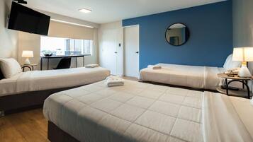 Desk, laptop workspace, free WiFi, bed sheets