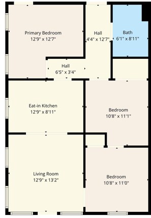 Plano de planta que muestra un dormitorio principal, dos pasillos, una cocina comedor, una sala de estar, dos dormitorios y un baño.